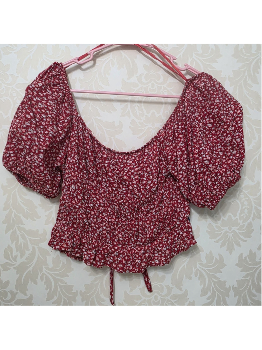 Milkmaid Crop Top M Boho Puff Sleeve Romantic Coquette Cotton Keyhole Back